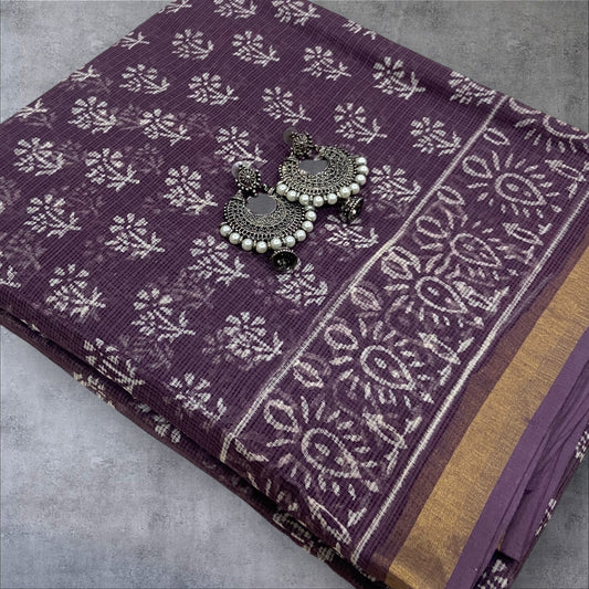 Light Purple cotton kota doria zari border saree