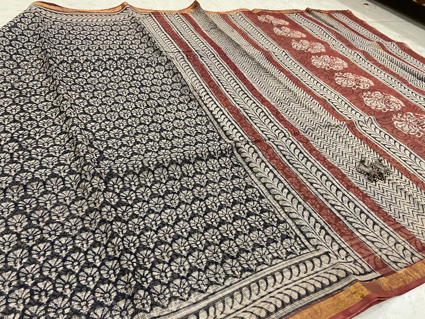 Black flower butti cotton kota doria saree