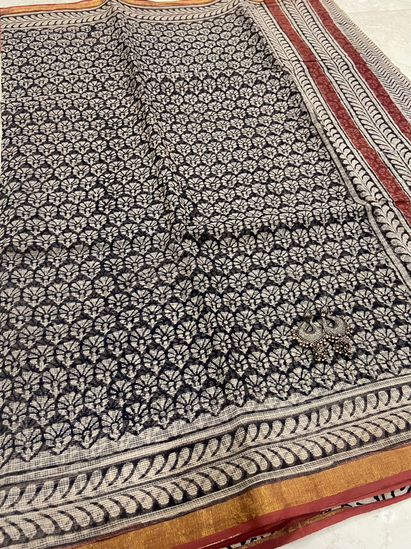 Black flower butti cotton kota doria saree