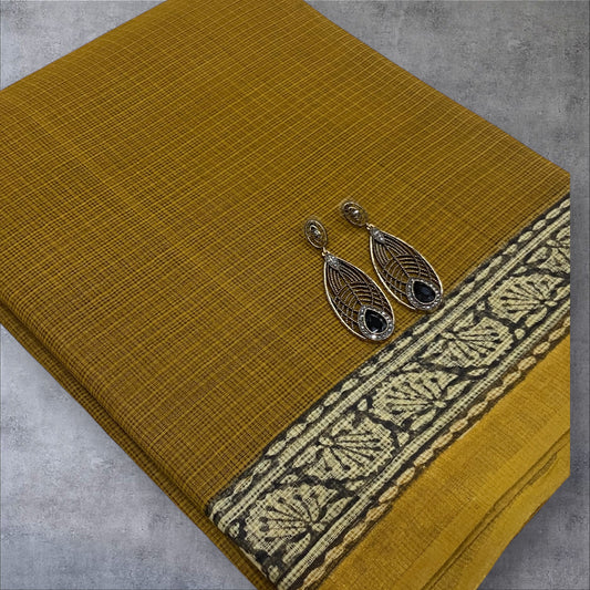 Mustard yellow cotton kota doria saree