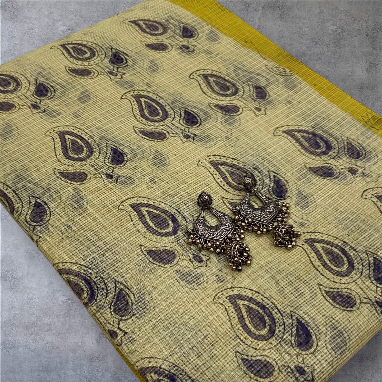 Mango motifs yellow cotton kota doria saree