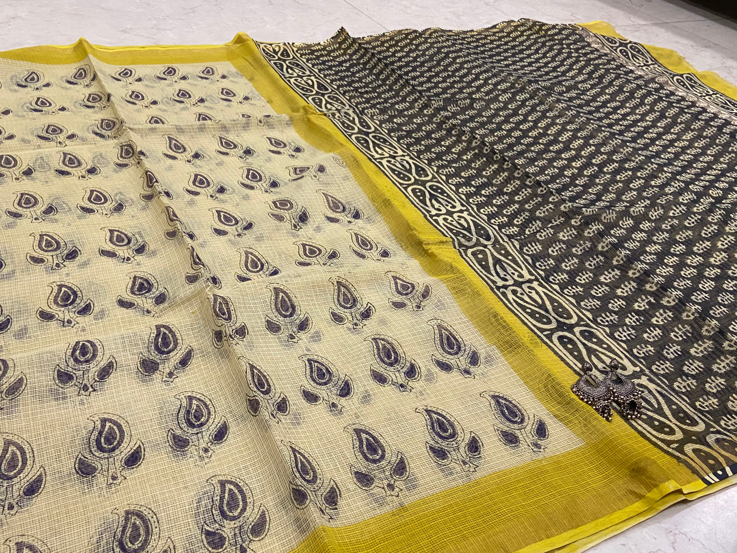 Mango motifs yellow cotton kota doria saree