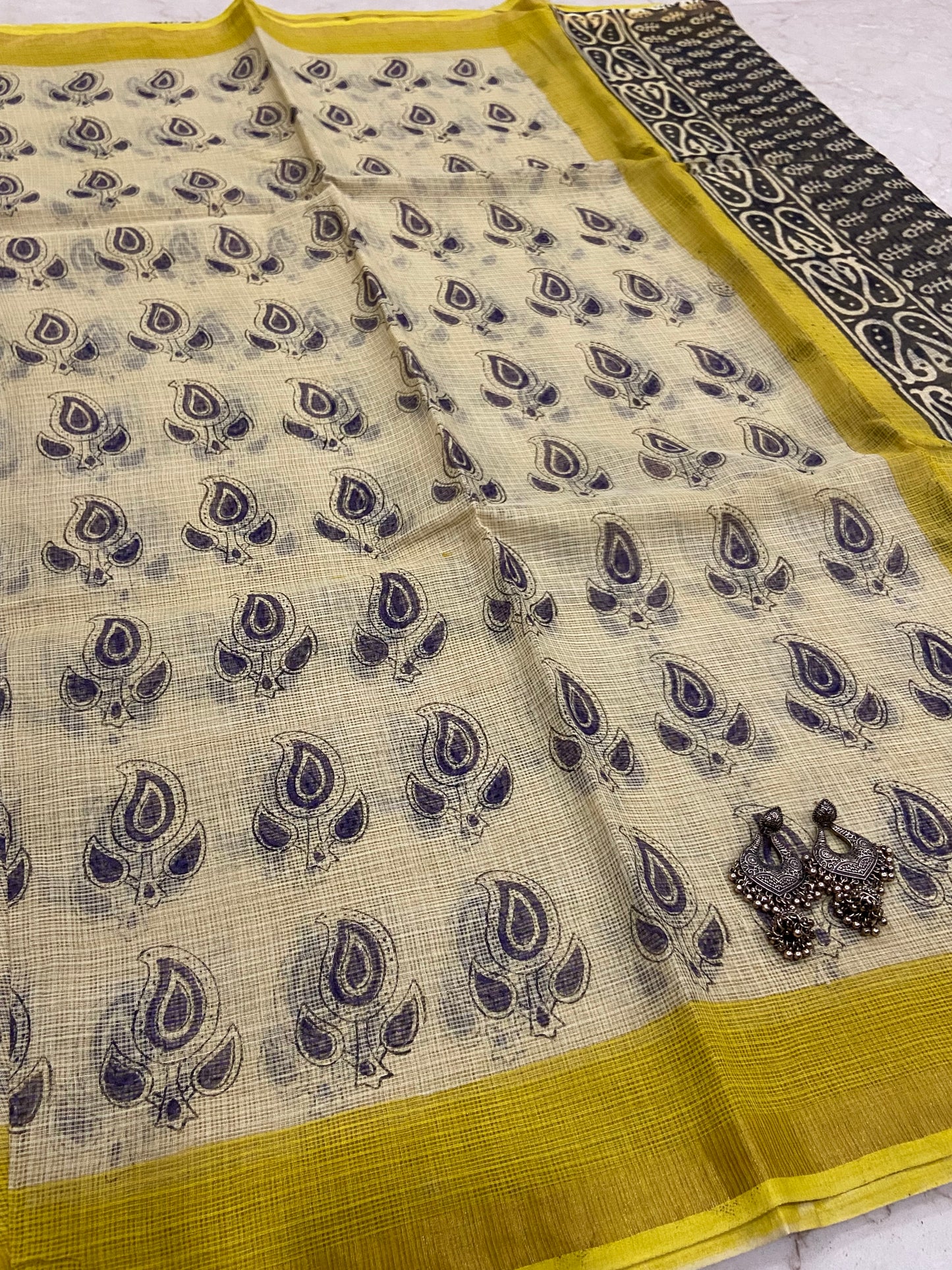 Mango motifs yellow cotton kota doria saree