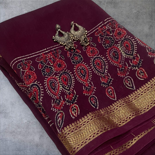 Burgundy maheshwari cotton silk zari border saree