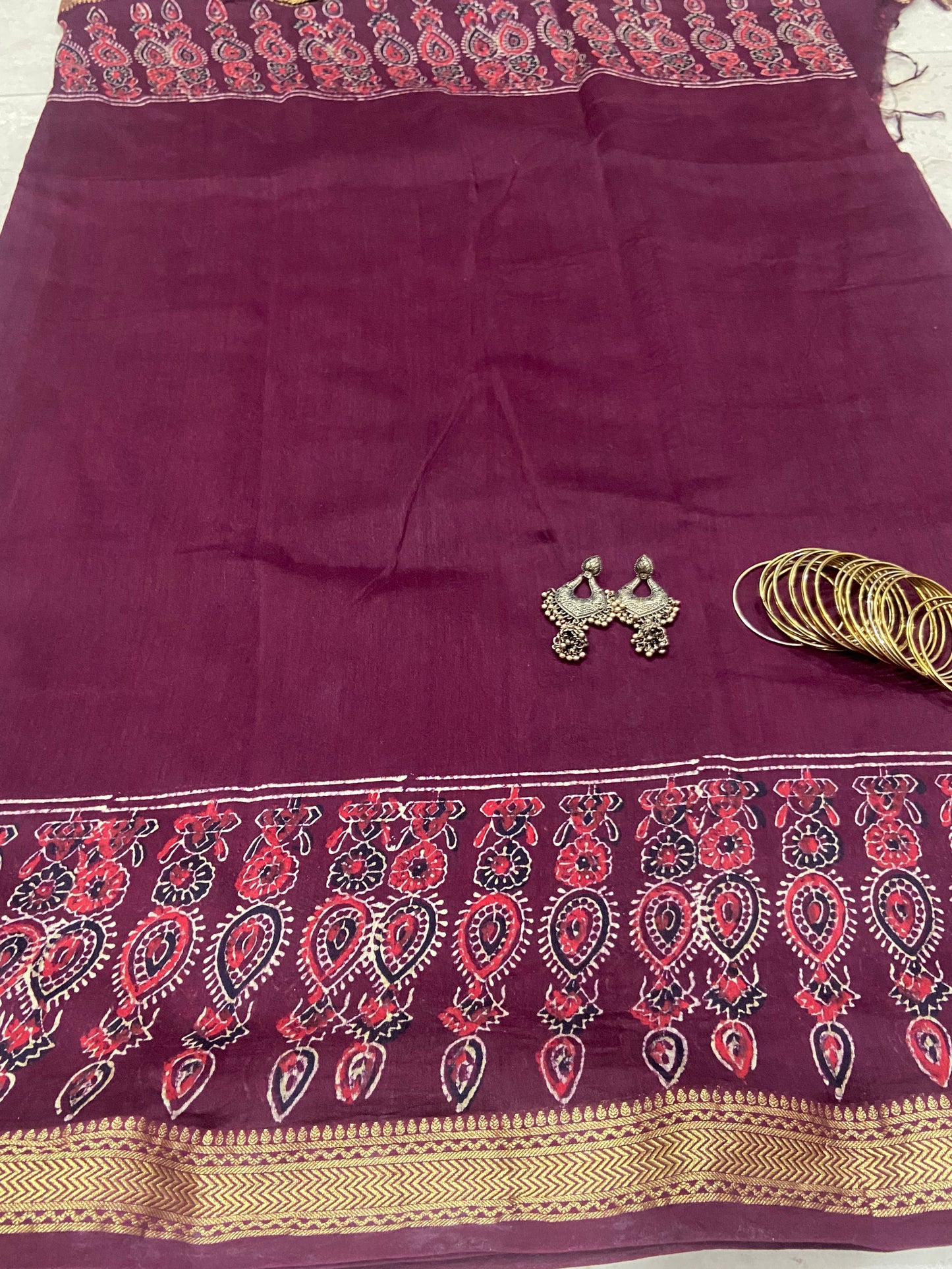 Burgundy maheshwari cotton silk zari border saree