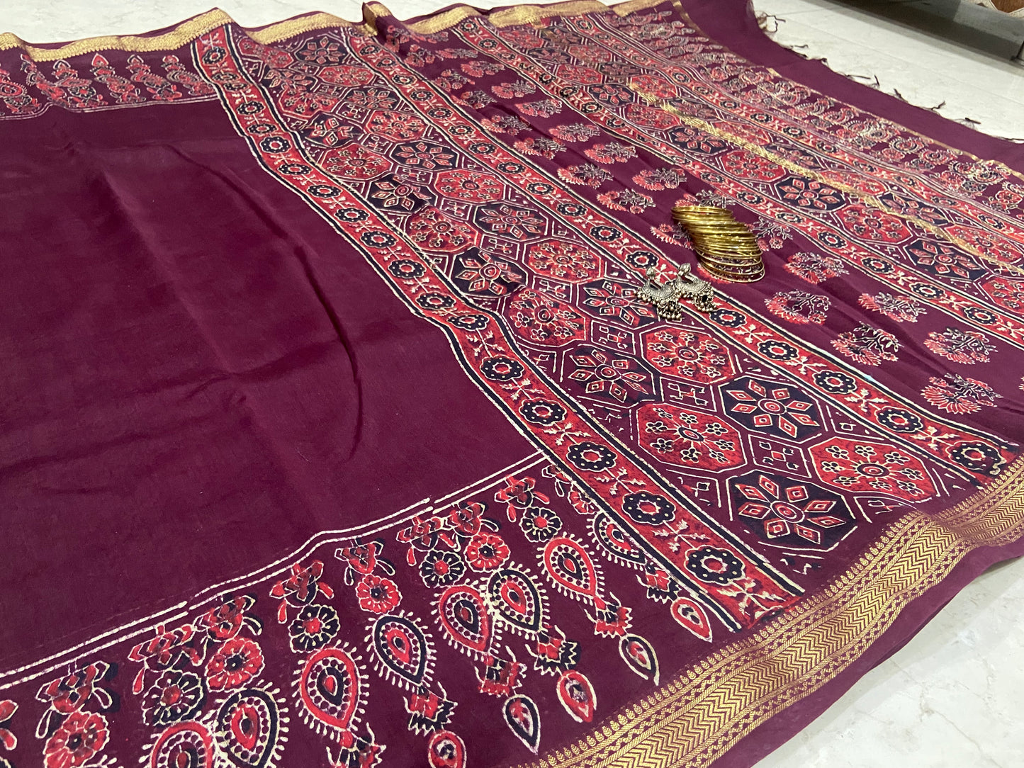 Burgundy maheshwari cotton silk zari border saree