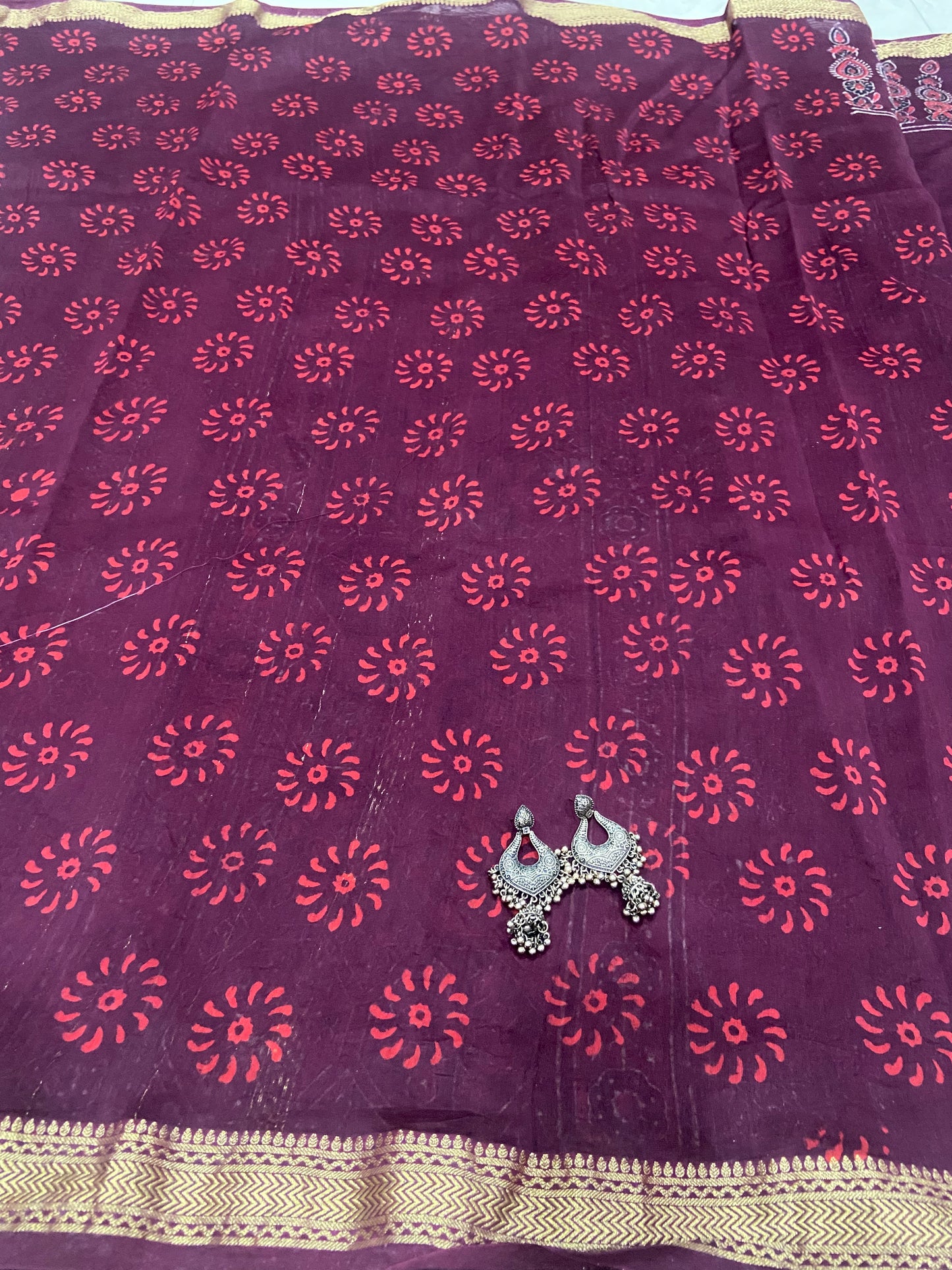 Burgundy maheshwari cotton silk zari border saree