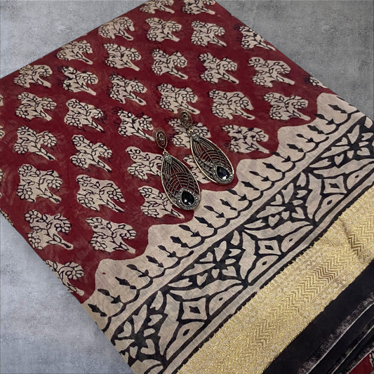 Maroon red maheshwari cotton silk zari border saree