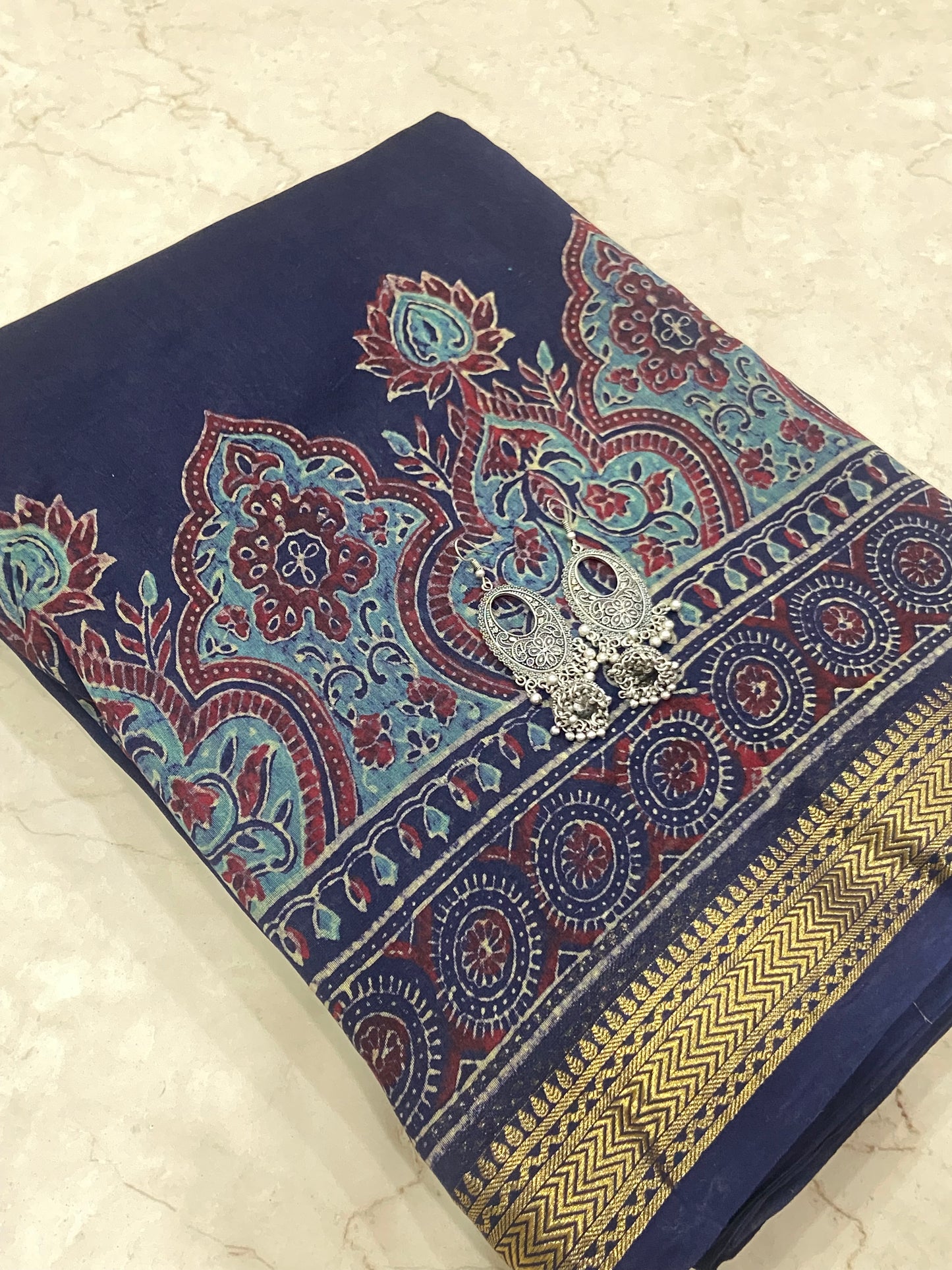 Navy blue maheshwari cotton silk zari border saree