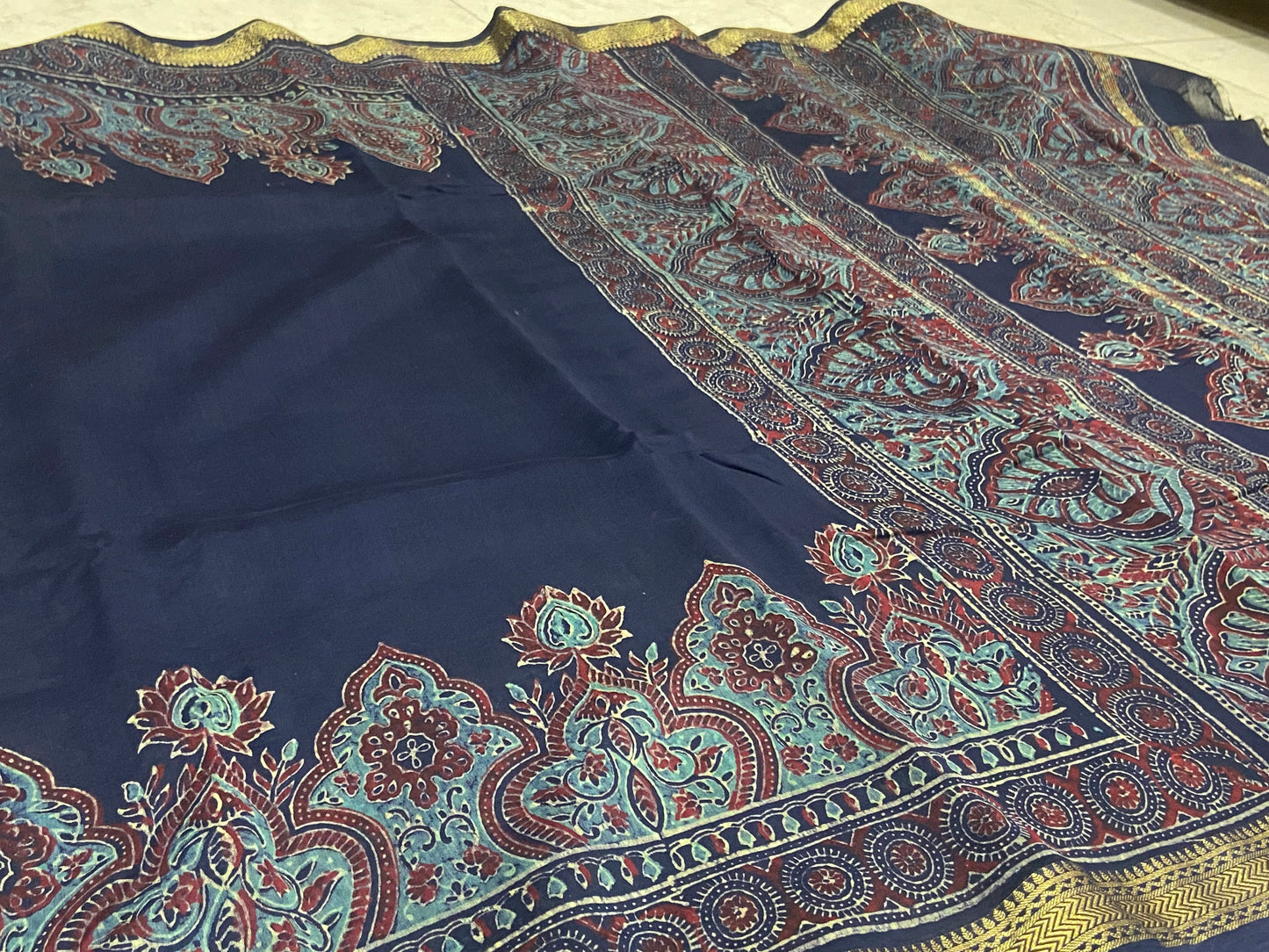 Navy blue maheshwari cotton silk zari border saree