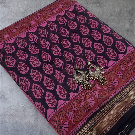 Pink maheshwari cotton silk zari border saree