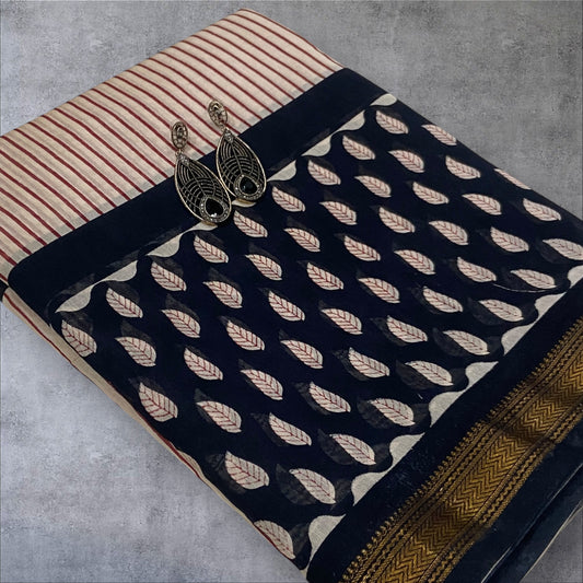 Cream white and red stripes maheshwari cotton silk zari border saree