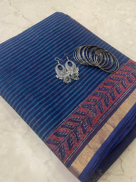Blue striped cotton kota doria saree