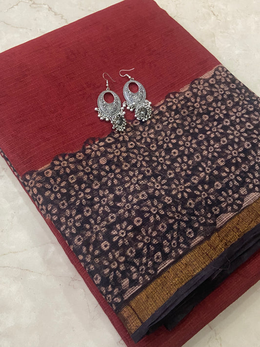 Maroon Red cotton kota doria saree