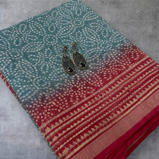 Light Teal and red border cotton kota doria saree
