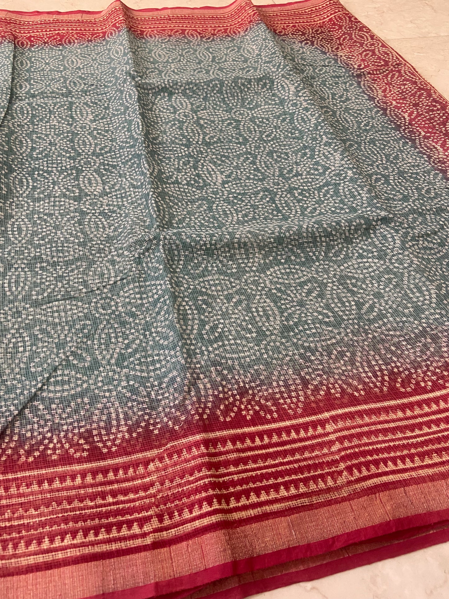 Light Teal and red border cotton kota doria saree