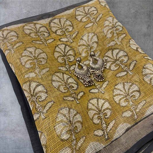 Black and yellow border cotton kota doria saree