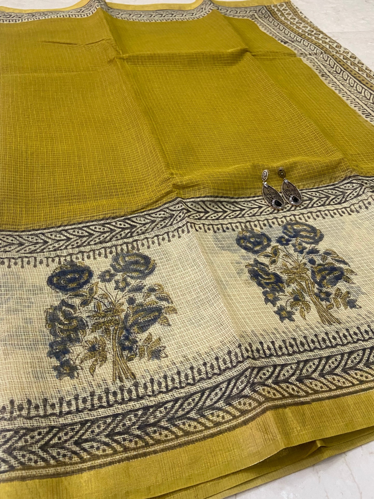 Yellow cotton kota doria zari border saree
