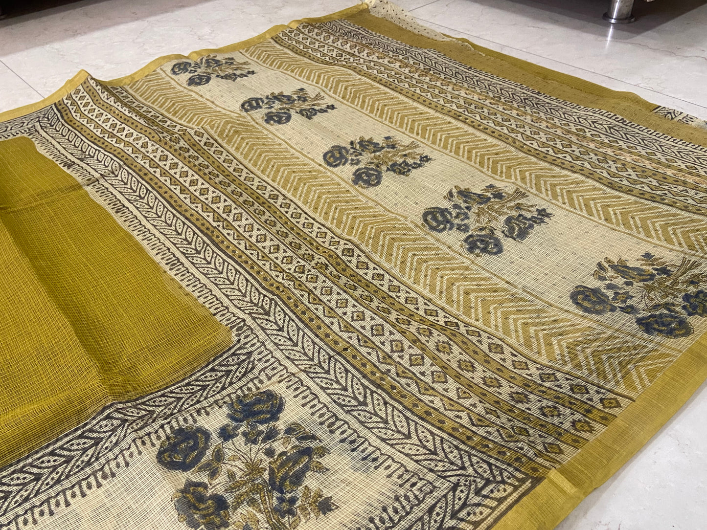 Yellow cotton kota doria zari border saree