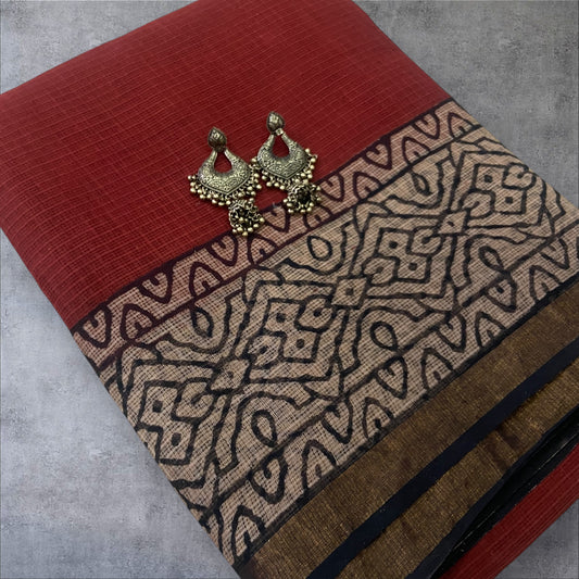 Maroon red cotton kota doria zari border saree