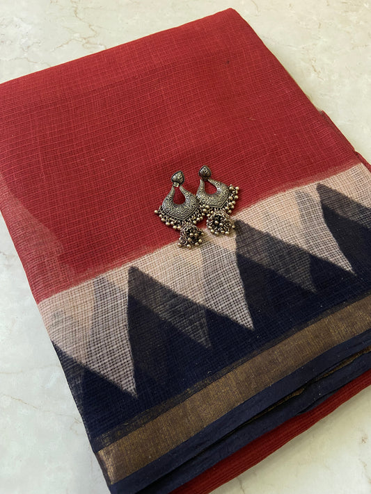 Brick red cotton kota doria zari border saree