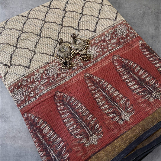 White and red leaf border cotton kota doria saree