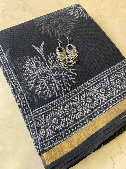 Black tree motifs cotton kota doria zari border saree