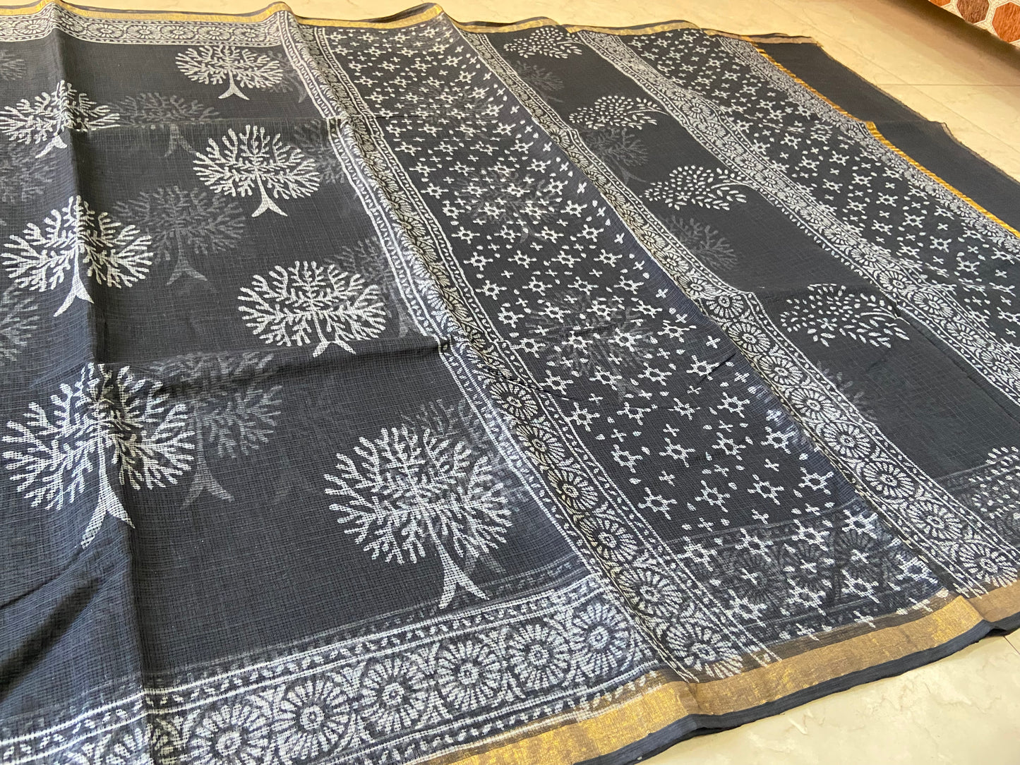 Black tree motifs cotton kota doria zari border saree
