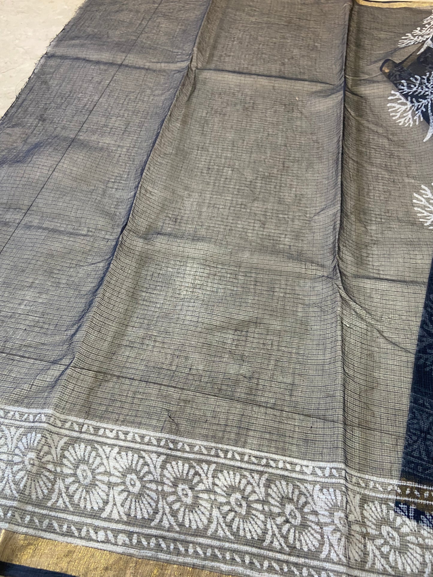 Black tree motifs cotton kota doria zari border saree