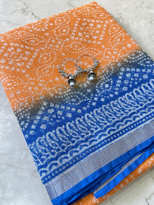 Orange and blue border cotton kota doria saree