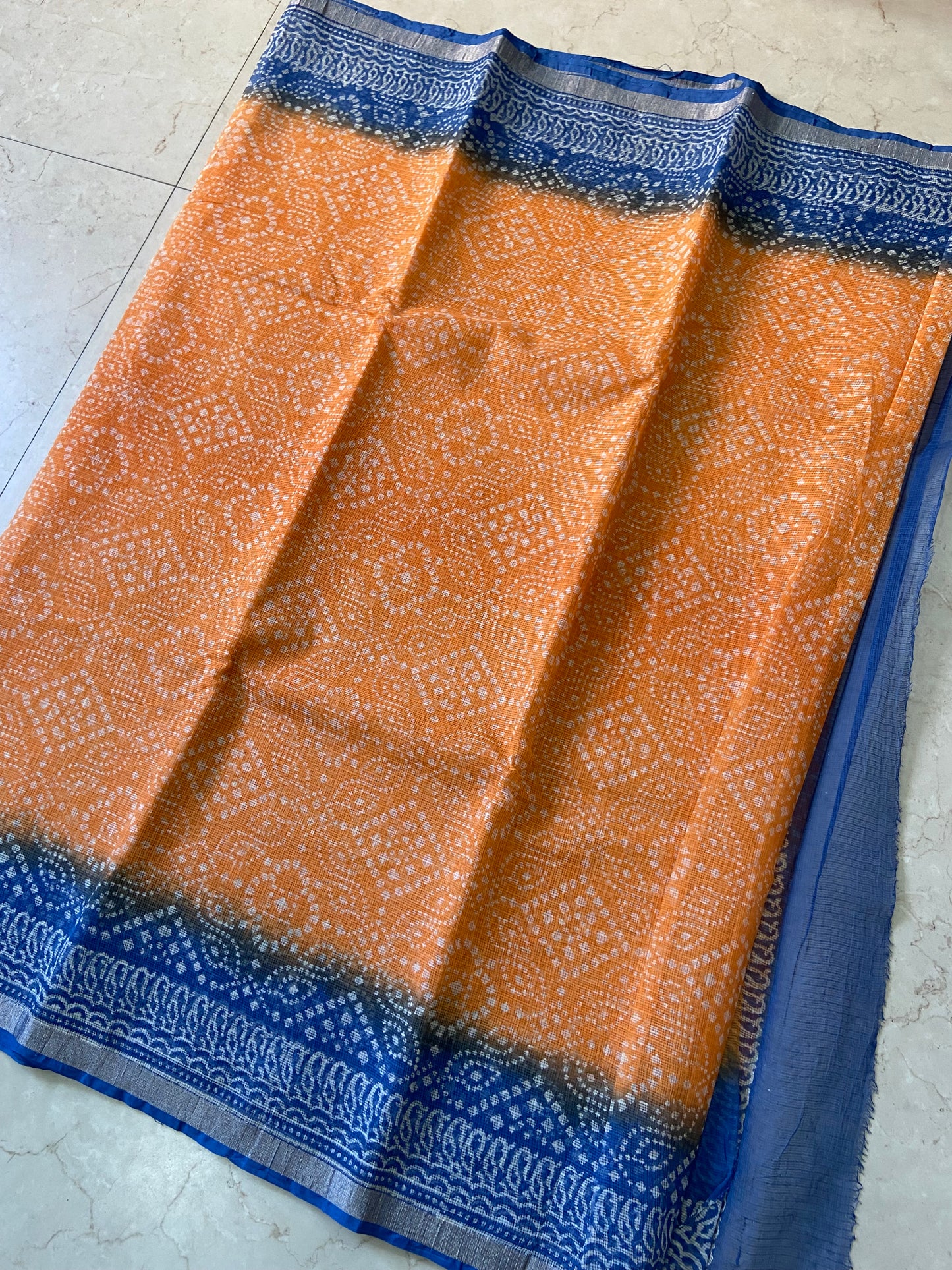 Orange and blue border cotton kota doria saree