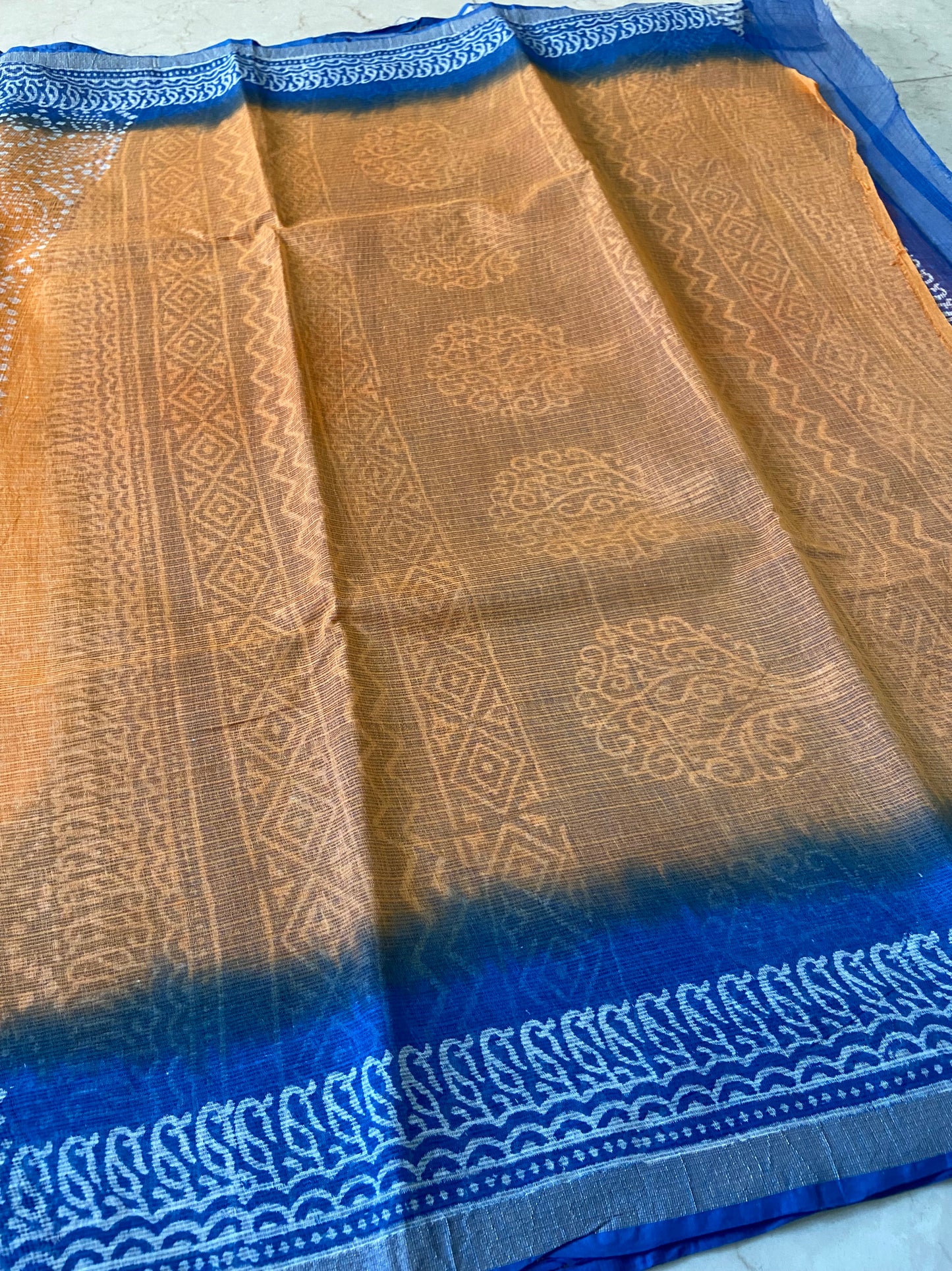 Orange and blue border cotton kota doria saree