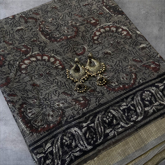 Grey cotton kota doria zari border saree