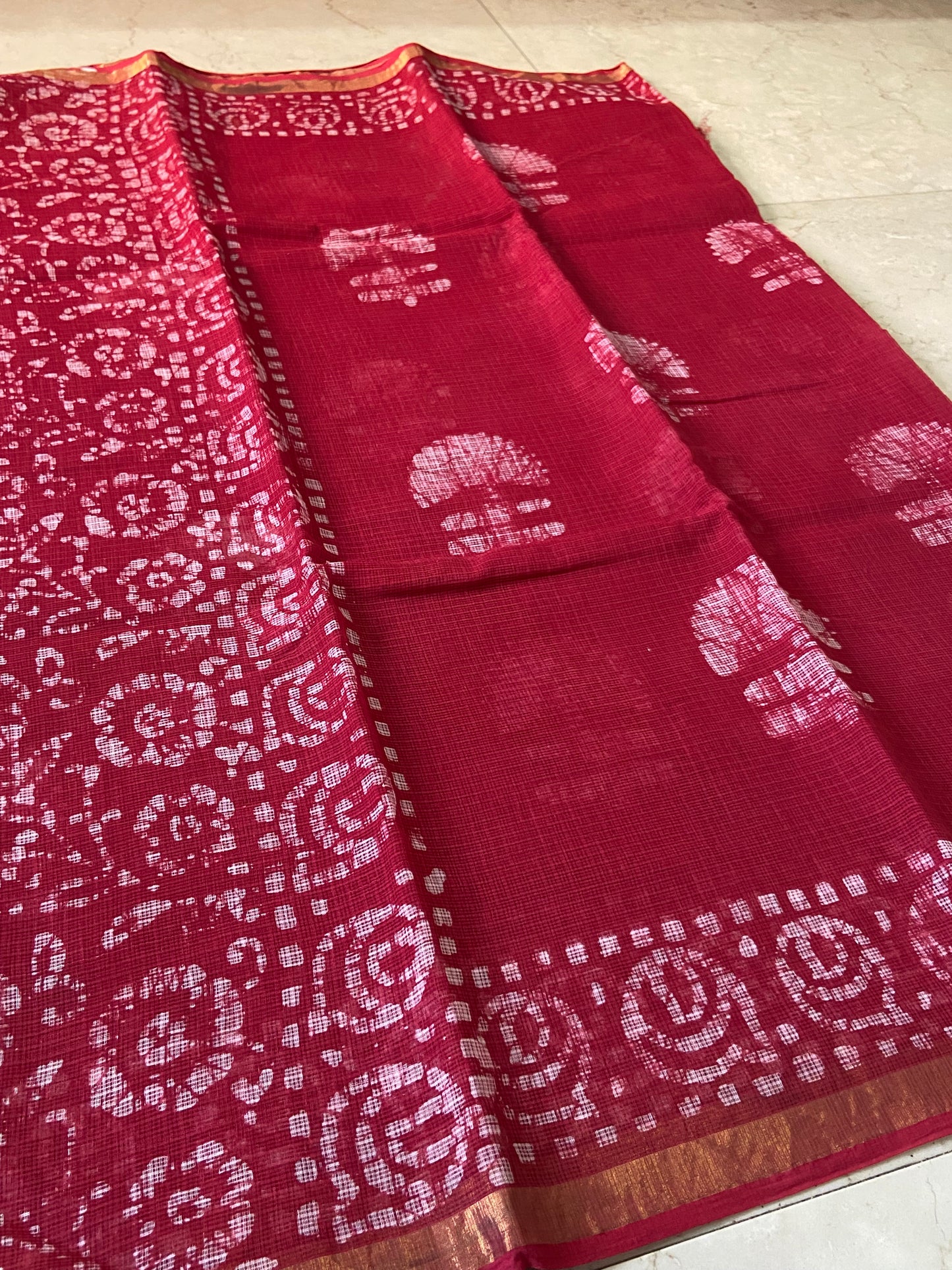 Red cotton kota doria zari border saree