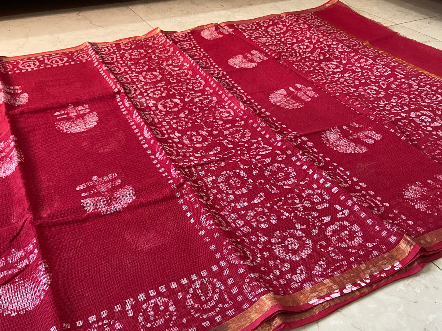 Red cotton kota doria zari border saree