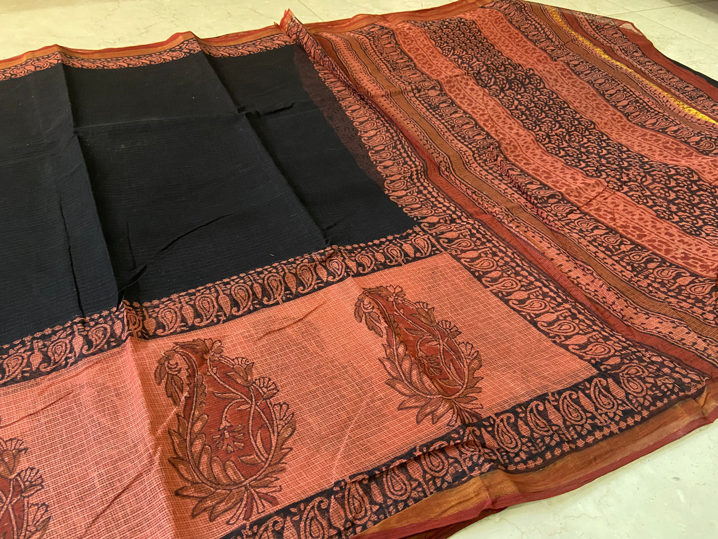 Black and red border cotton kota doria saree