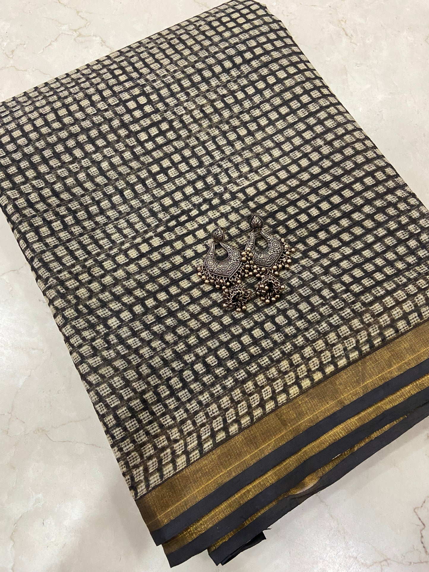 Black checkered cotton kota doria saree