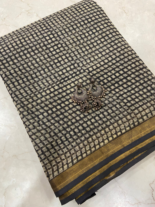 Black checkered cotton kota doria saree