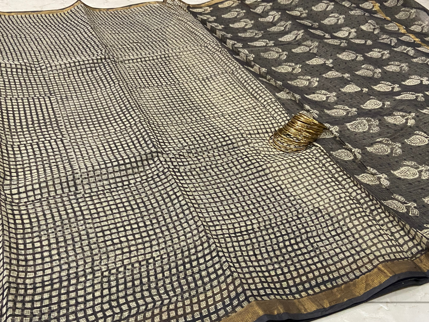 Black checkered cotton kota doria saree
