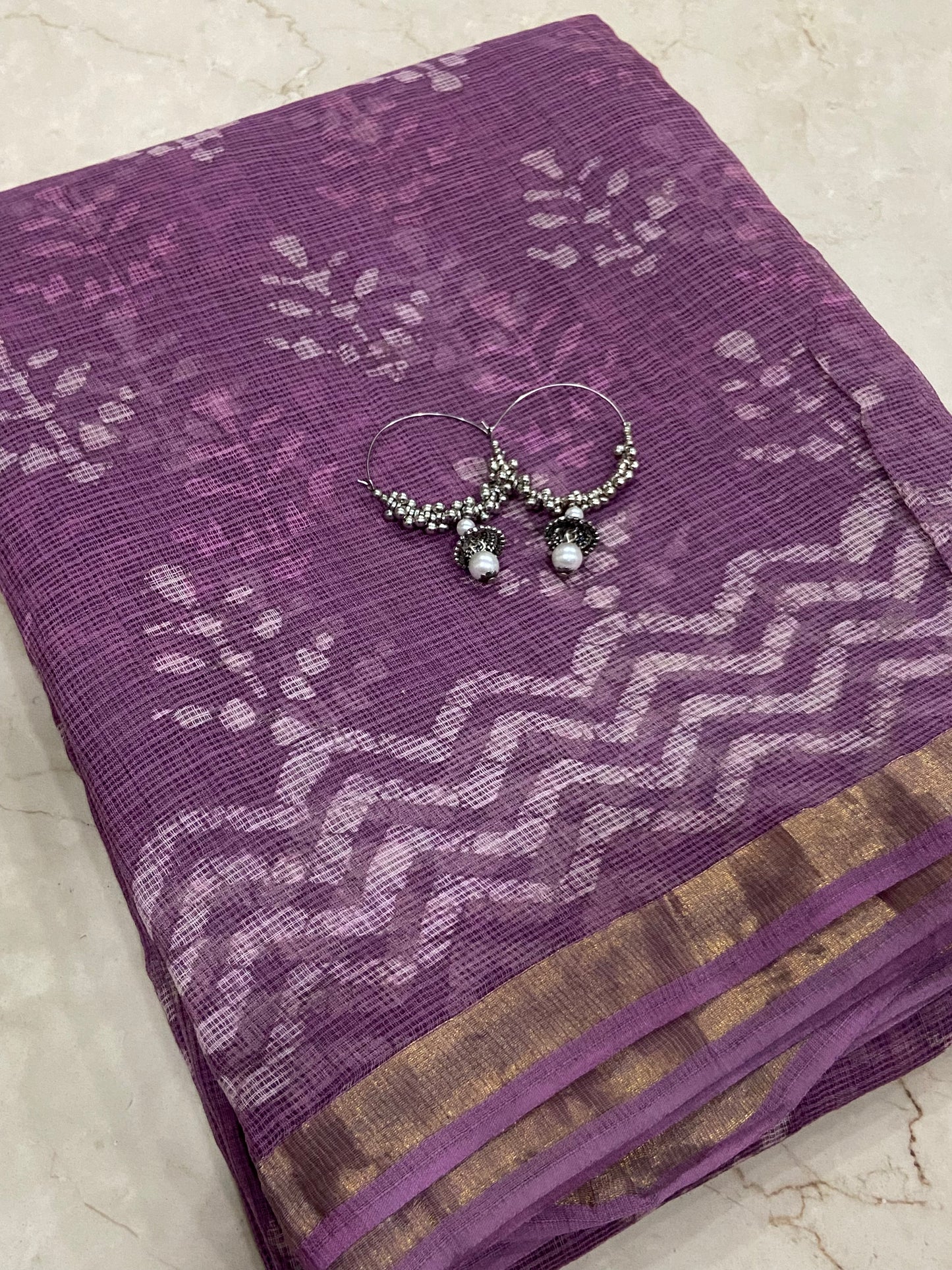 Lilac cotton kota doria zari border saree