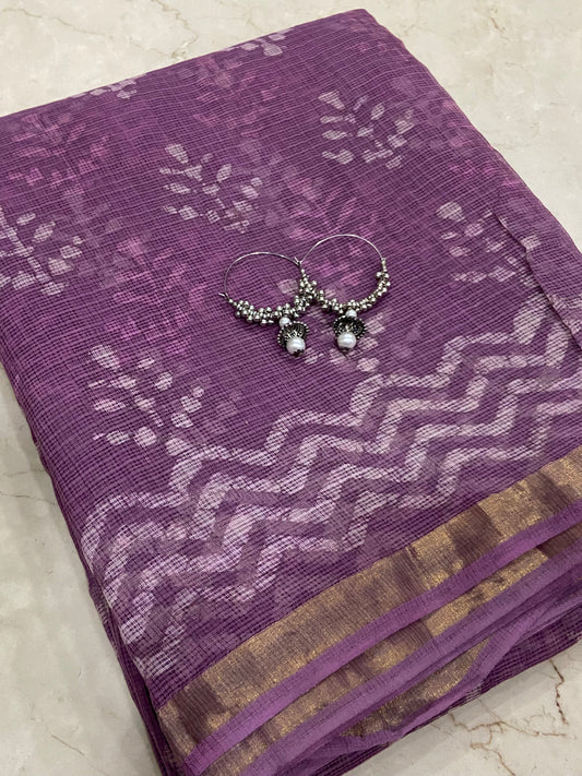 Lilac cotton kota doria zari border saree