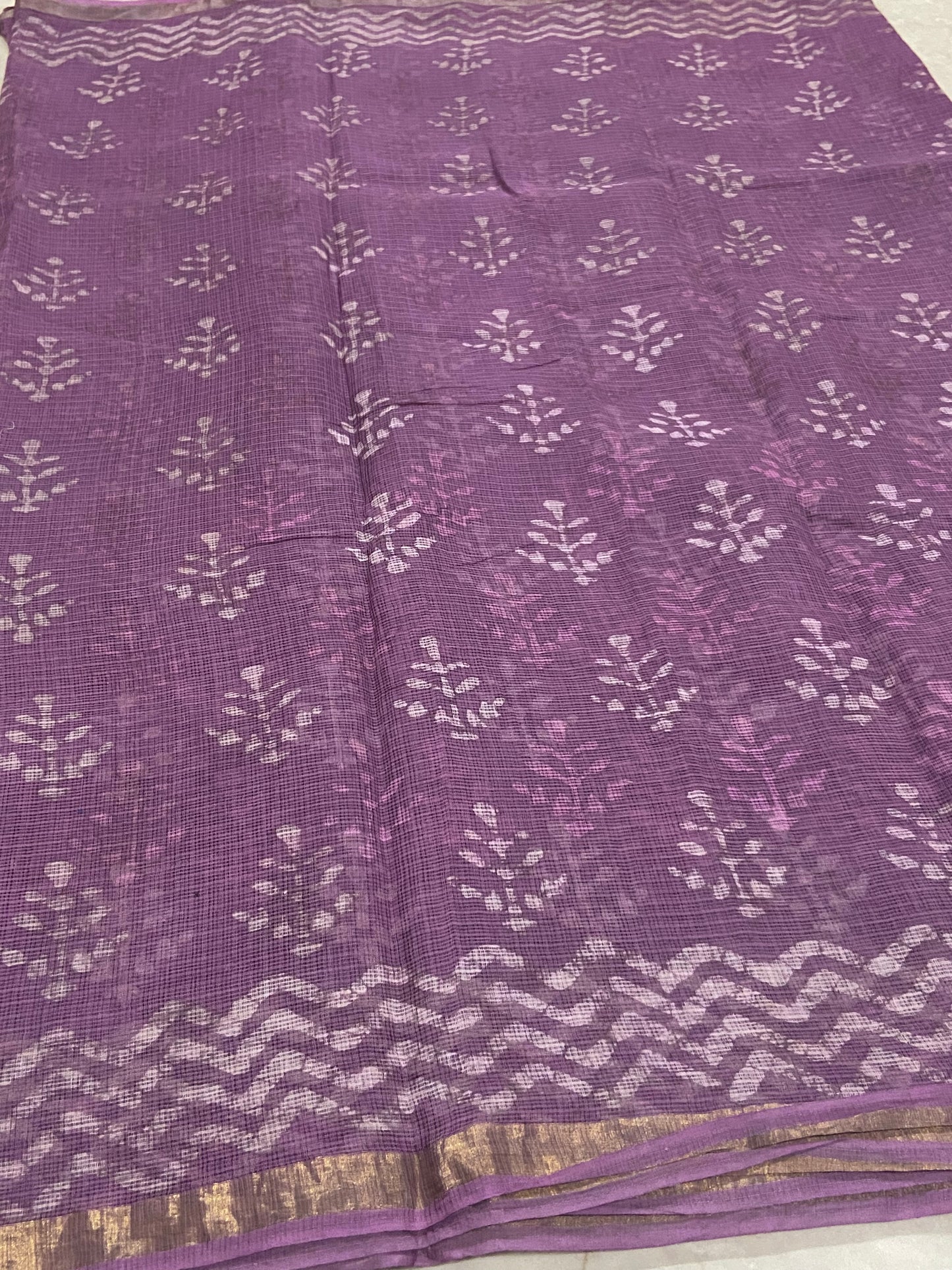 Lilac cotton kota doria zari border saree