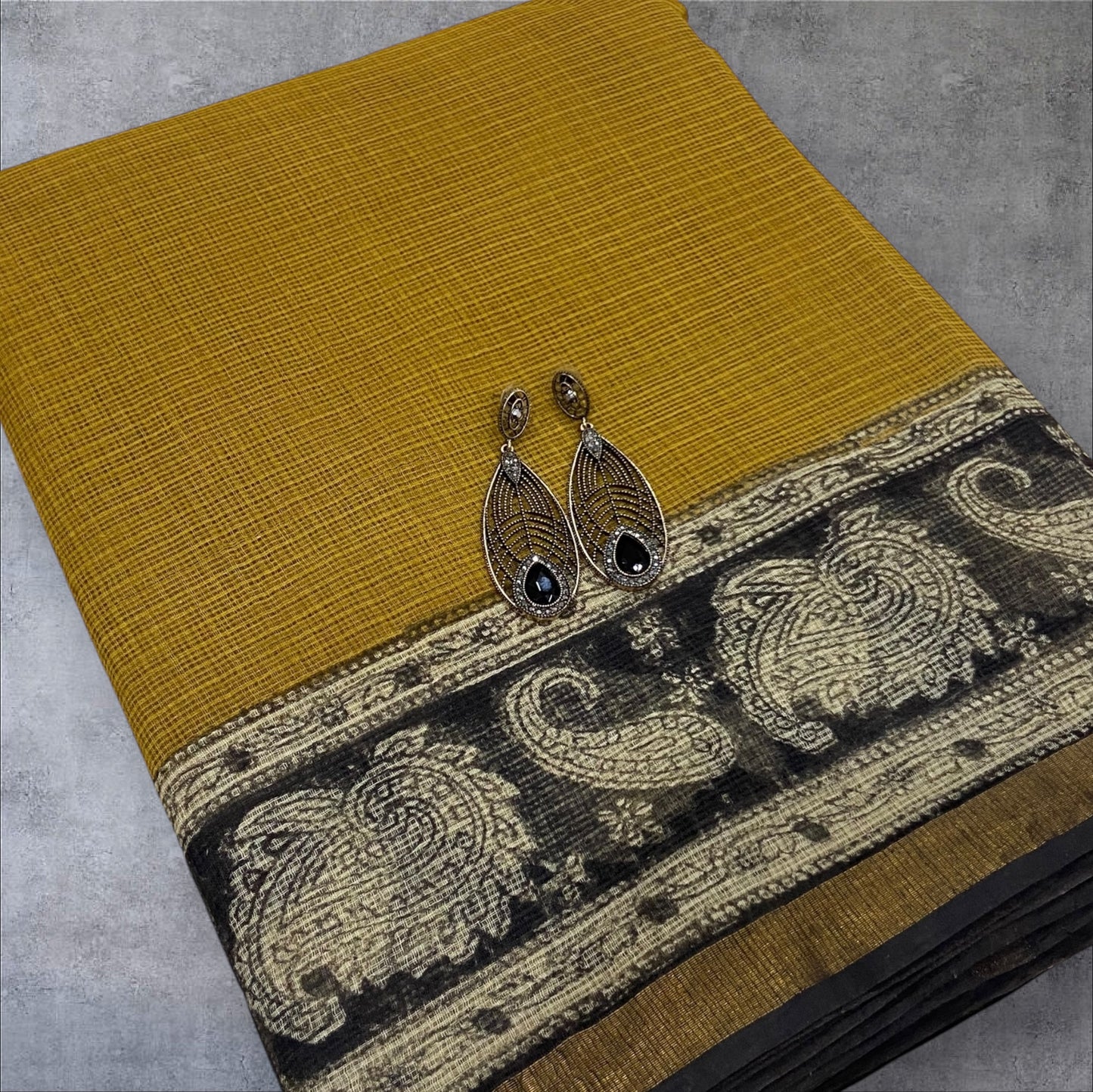 Mustard yellow with black border cotton kota doria saree