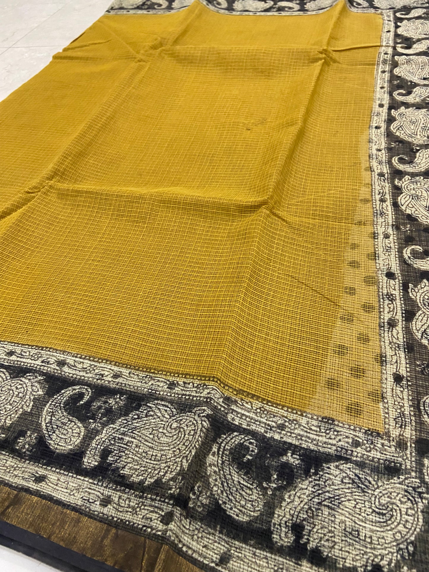 Mustard yellow with black border cotton kota doria saree