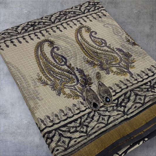 Black and mango motifs cotton kota doria saree
