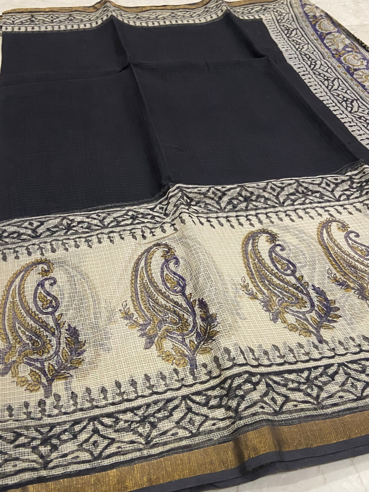 Black and mango motifs cotton kota doria saree