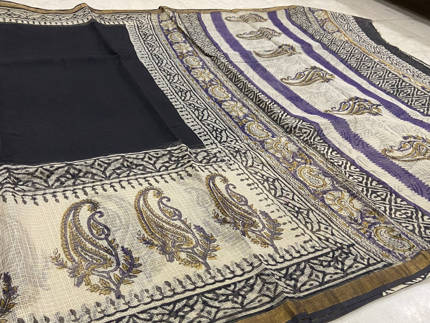 Black and mango motifs cotton kota doria saree