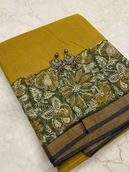Flowers border yellow cotton kota doria saree