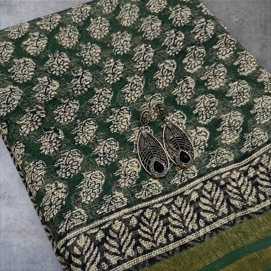 Green flower buttis cotton kota doria zari border saree