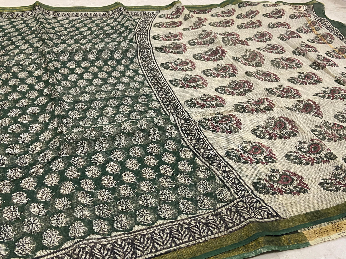 Green flower buttis cotton kota doria zari border saree